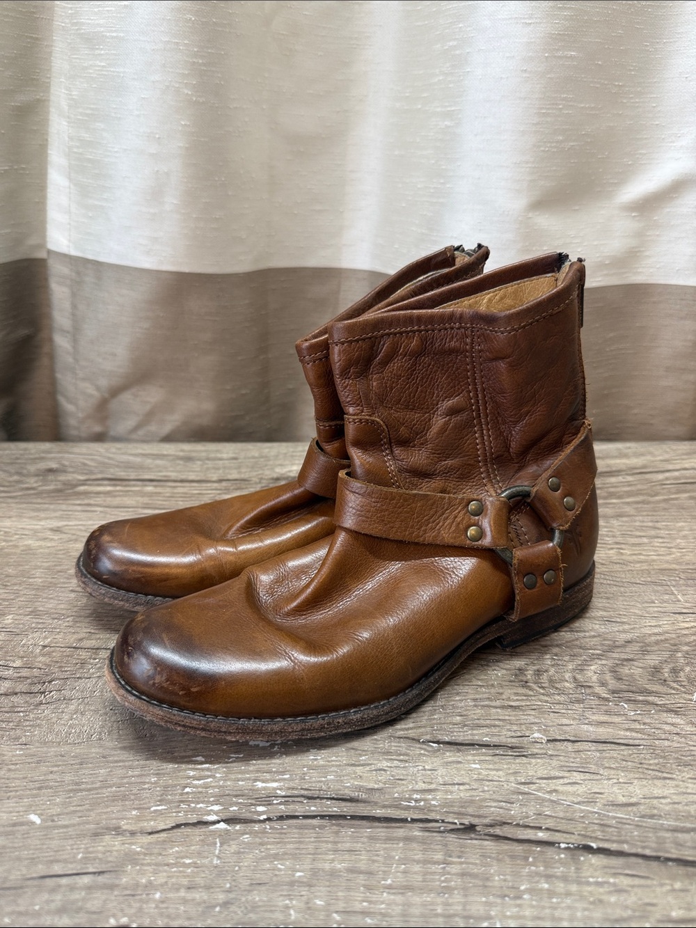FRYE Phillip Harness Leather Ankle Boots Brown Moto Biker size 7.5